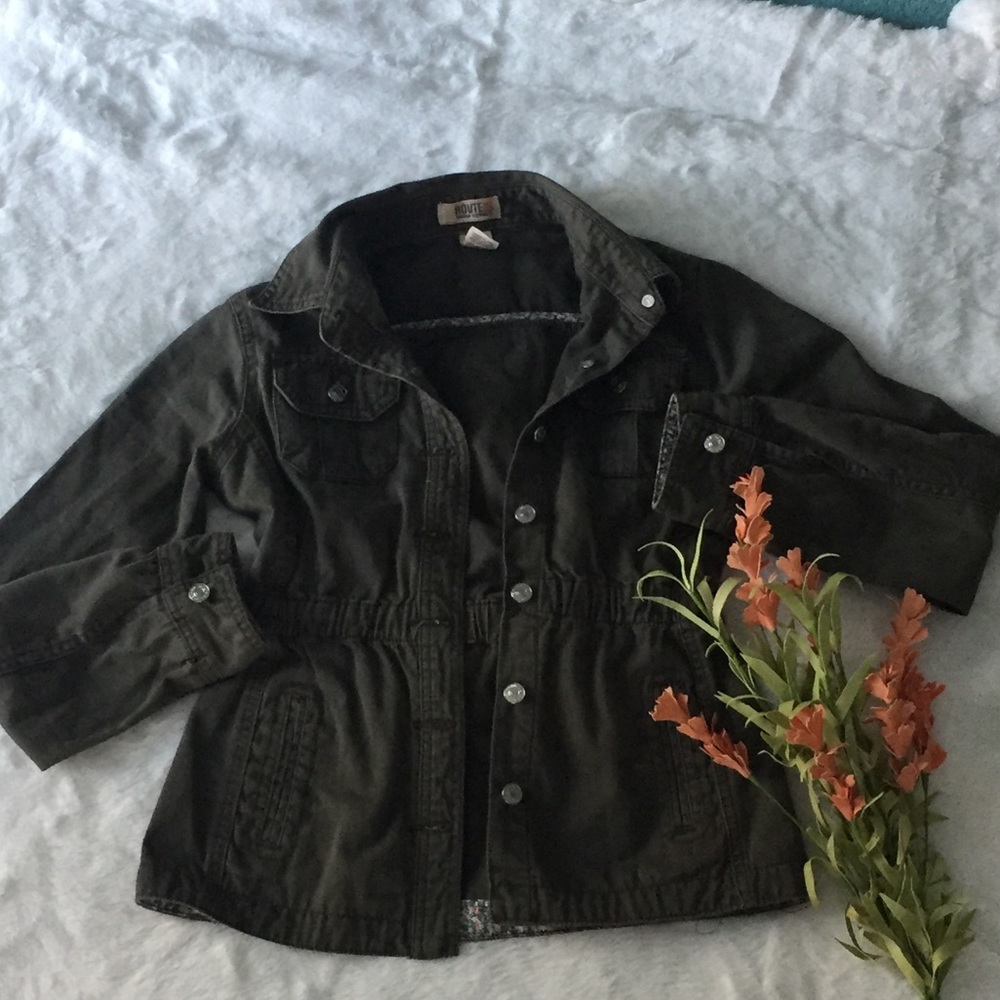 Girl’s Route 66 army green button up denim jacket.